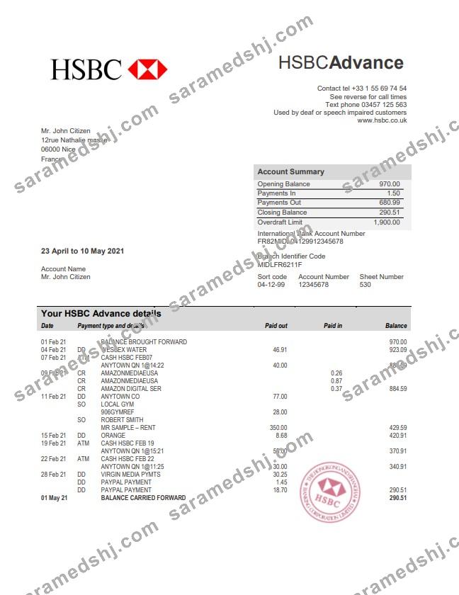 France HSBC bank statement template in Word and PDF format